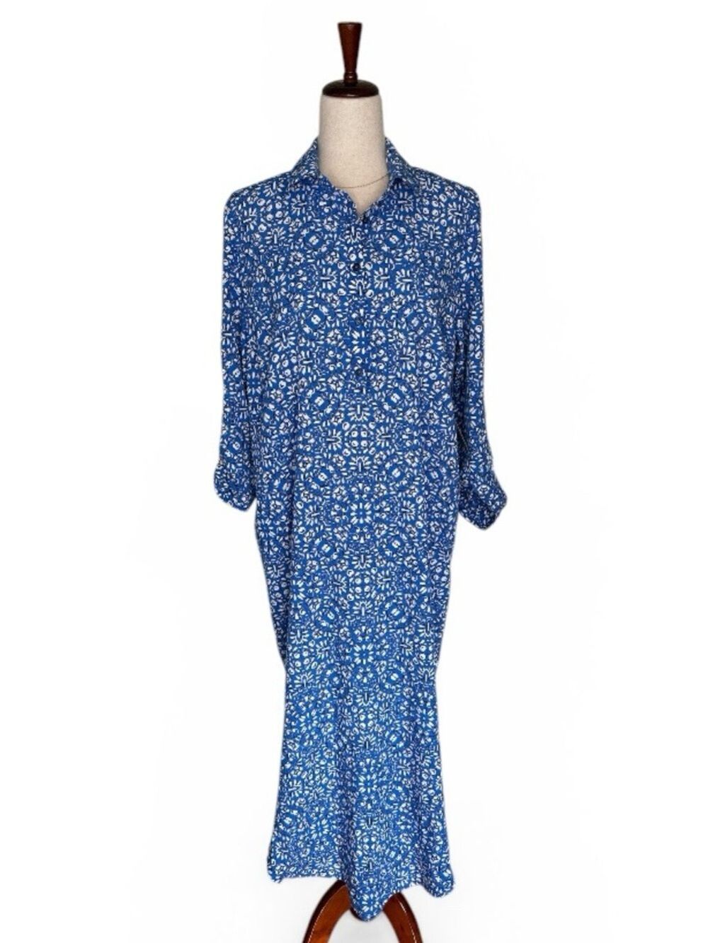 Coolibar Royal Blue Botanical Print Long Sleeve Maxi Dress | NWT | Medium